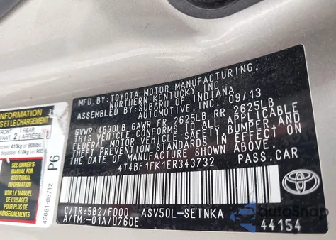 2014 Toyota Camry Le from USA, damaged, VIN 4T4BF1FK1ER343732